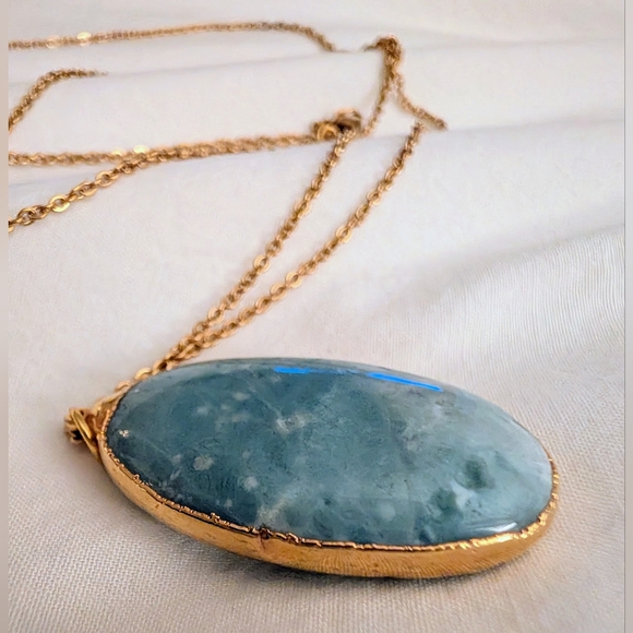 Large Oval Larimar Stone Pendant, Hand Made Gold Setting, Simple Chain Necklace - Picture 6 of 6